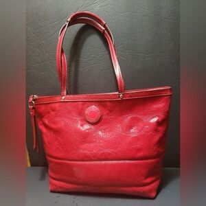 Authentic COACH Signature Stitched Patent Leather Stripe Tote - Red